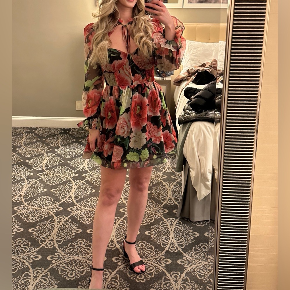 Floral Chiffon Dress with Tie Neck